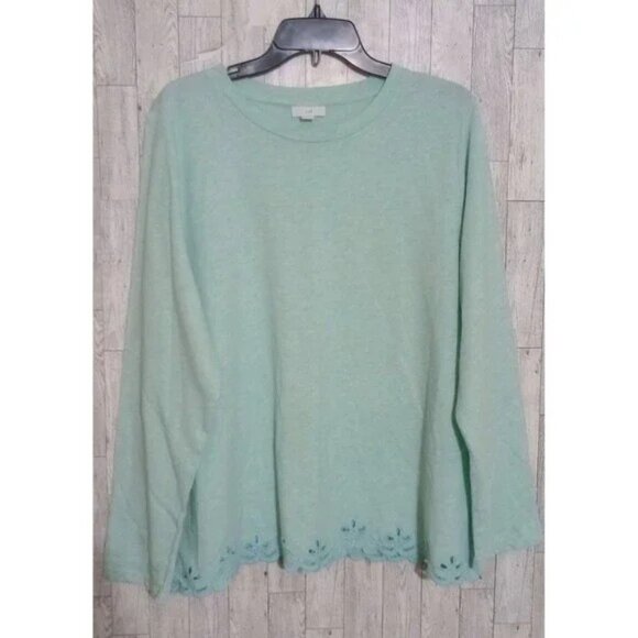J.Jill Top Pullover Cutout Eyelet Hem Long Sleeve Light Green Women's Size XL - Picture 1 of 2